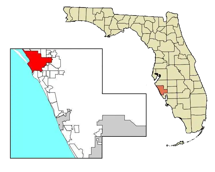 Map of Florida with Sarasota highlighted