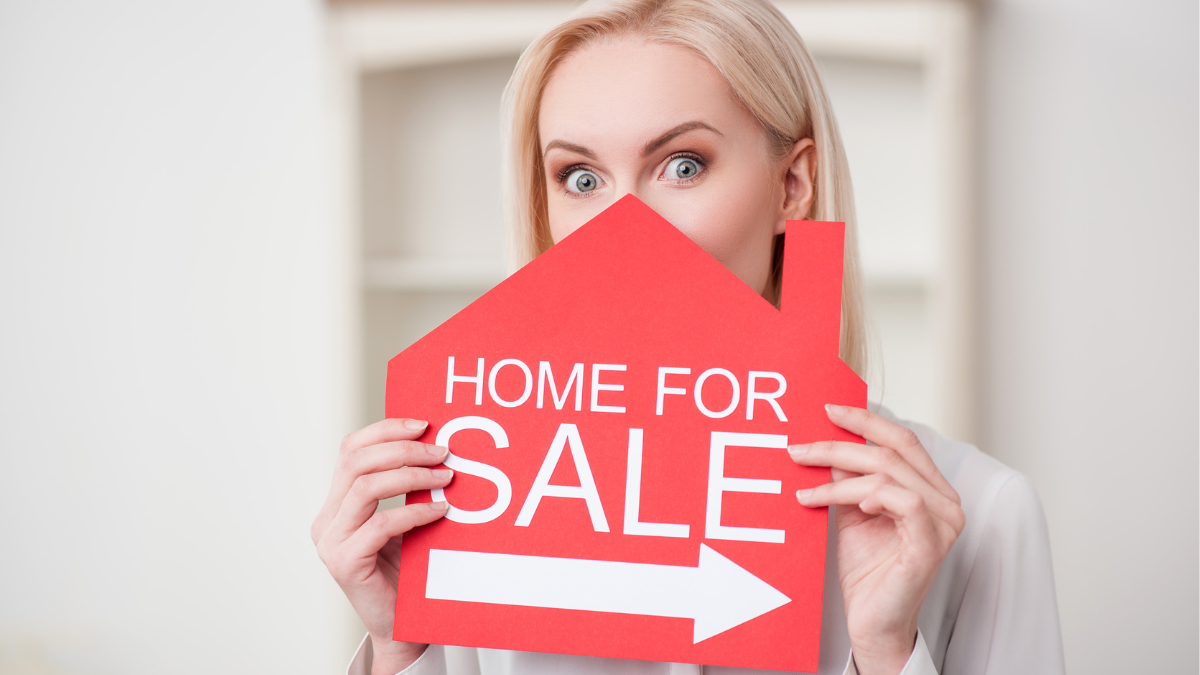 women holding a home for sale sign. timeline